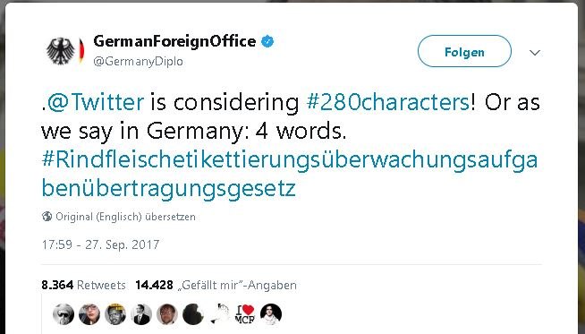 Das Auswärtige Amt zur Verdopplung der Zeichenanzahl bei Twitter