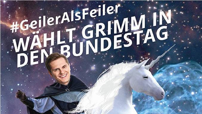 Ein Wahlplakat der SPD: Benjamin Grimm reitet in den Bundestag
