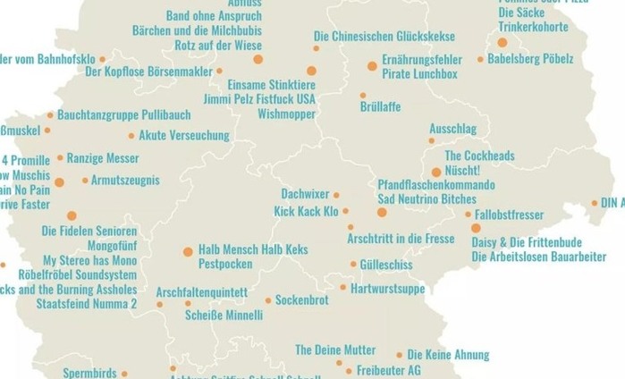 Ein Deutschlandkarte mit Namen etlicher Punkbands | Von Acht Bier Später bis Zum Kotzen