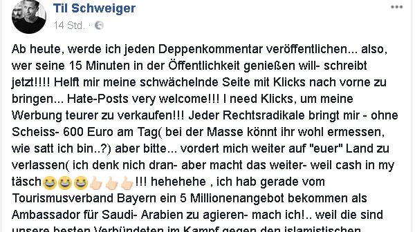 Til Schweiger hatte wieder seine 15 Minuten auf Facebook und vordert Deppenkommentare !!!!11