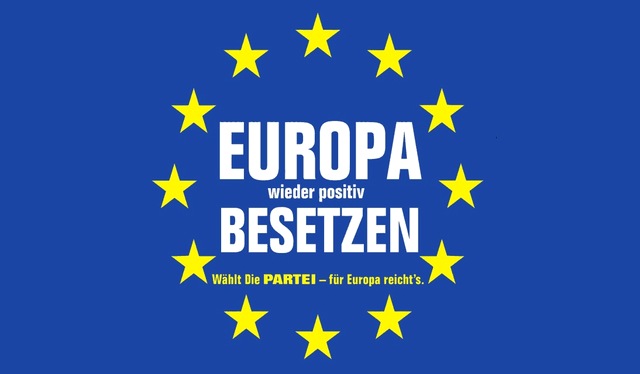 Die PARTEI auf dem Europawahlzettel: Bombe, Krieg, Göbbels, Speer, Bormann, Eichmann, Keitel, Heß, S. & S.