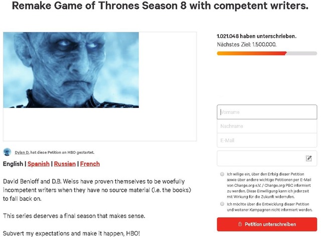 Game of Thrones Petition: 1 Mio. für Staffel8-Remake