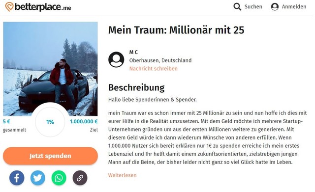 Spendenaufruf für einen armen BWM-Fahrer, der mit 25 immer noch kein Millionär ist